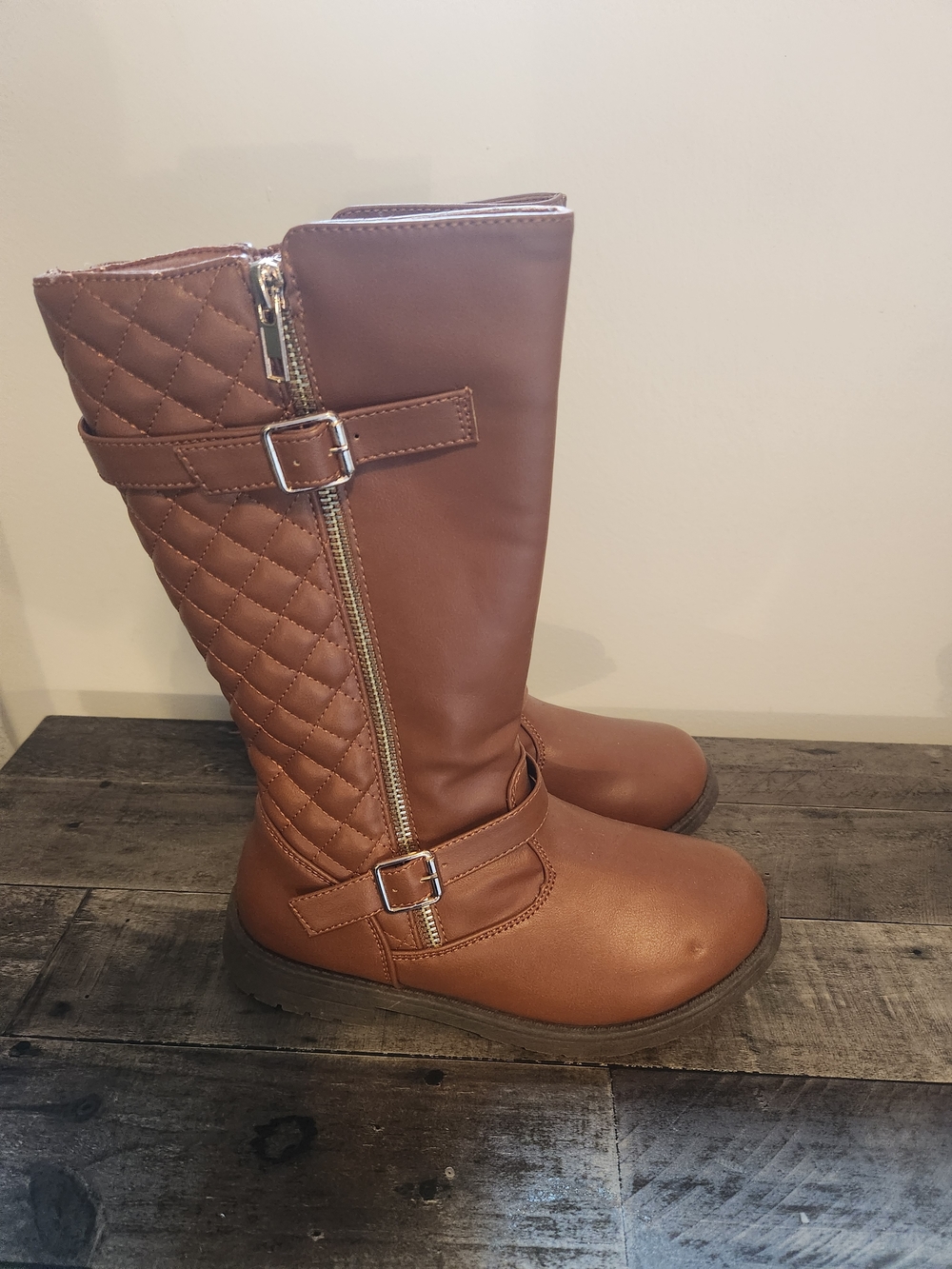 Girls Quilted  Riding Boots in Cognac Brown